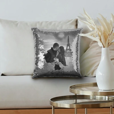 Персонализирана възглавница с пайети - Черно-Бяло