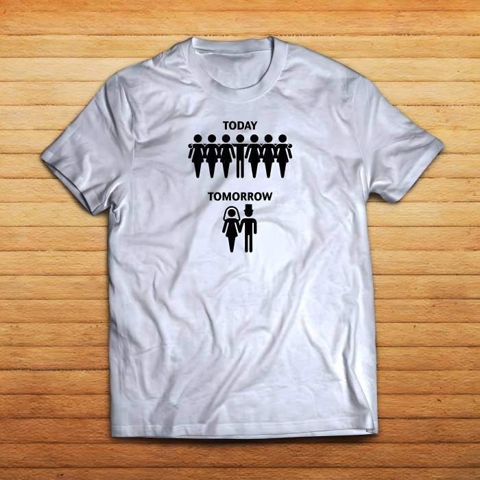 Персонализирана тениска за ергенско парти – Днес необвързан, утре женен Персонализирана тениска за ергенско парти – Днес необвързан, утре женен